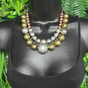 Mixed Metal Multi-Strand Statement Necklace Gold Silver Rose Gold Tiered 3817